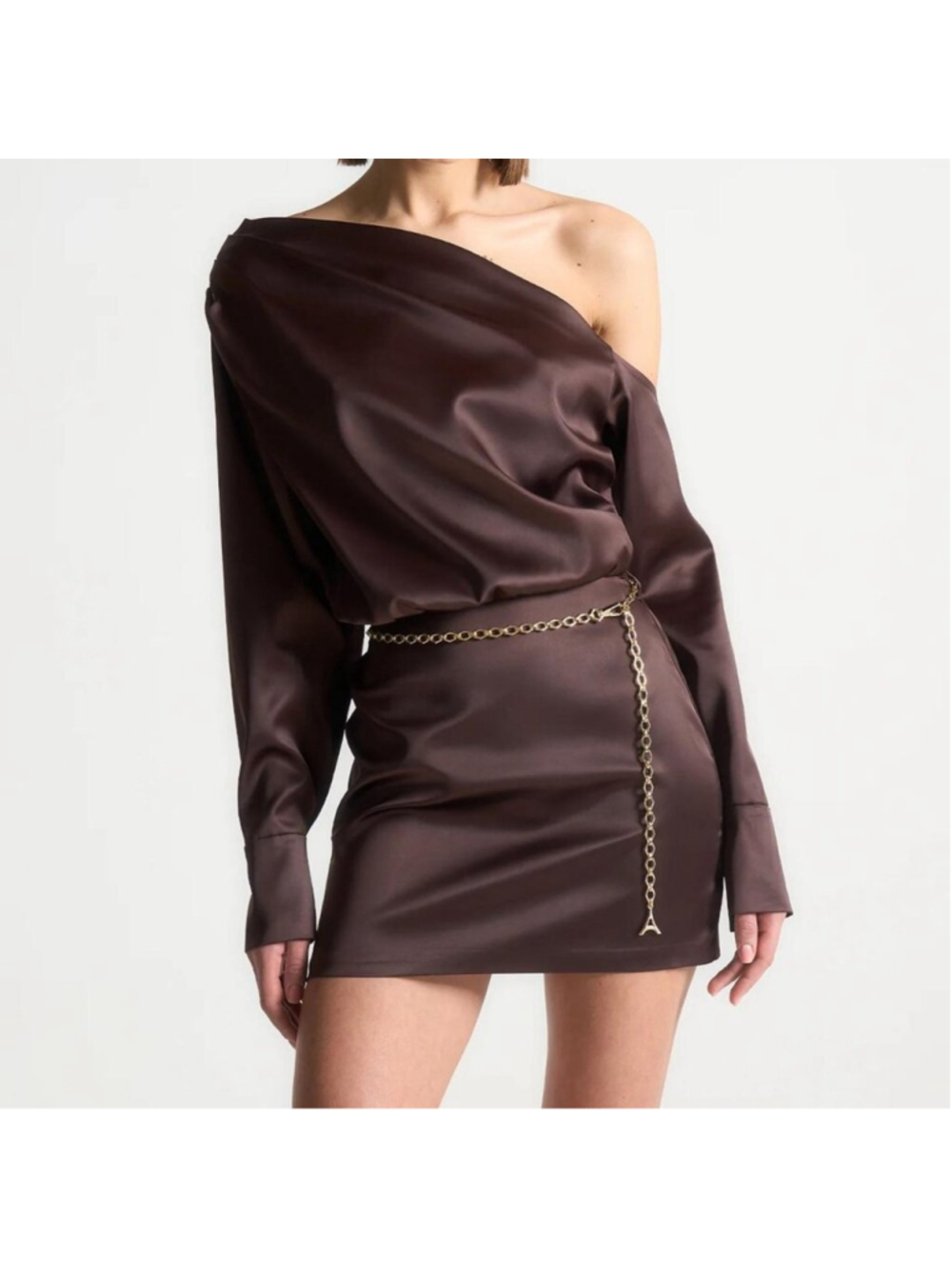 NEW Manière De Voir Dark Chocolate Brown Off Shoulder Satin Dress Size 42/ US 10 - Picture 2 of 11